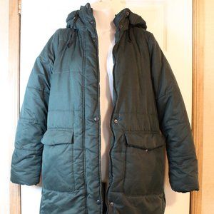 Long Quilted Zipper-And-Button Puffer Coat